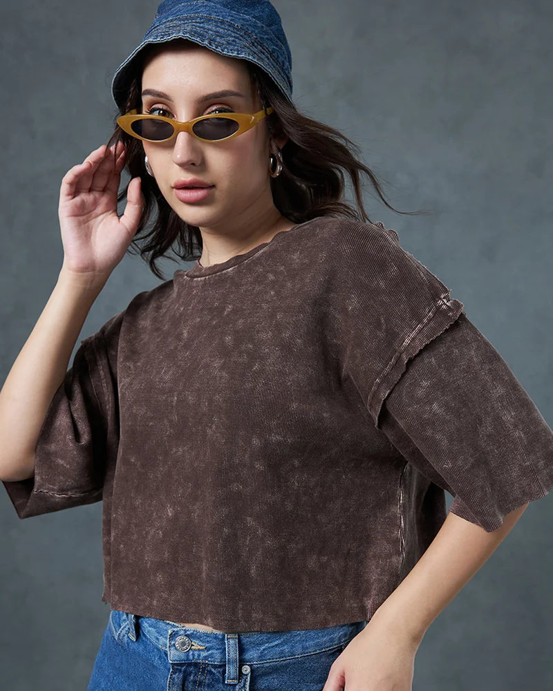 bewakoof Women's Brown Oversized Acid Wash Short Top